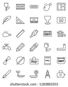 thin line vector icon set - water tap vector, splotch, welcome mat, chicken leg, pen, pencil, corner ruler, drawing compass, glass, tulip, big scales, Railway carriage, hdmi, broken bone, cottage