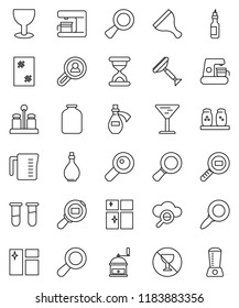 thin line vector icon set - scraper vector, window cleaning, shining, oil, measuring cup, hand mill, spices, jar, magnifier, no alcohol sign, glass, cargo search, vial, sand clock, potion, cloud