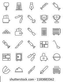 thin line vector icon set - camping cauldron vector, spatula, ladle, knife, grater, toaster, blender, dish, pen, award cup, magnet, safe, gold ingot, hand trainer, consolidated cargo, scalpel