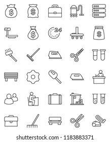 thin line vector icon set - vacuum cleaner vector, rake, iron, student, case, money bag, big scales, group, vial, scissors, data, gear, bench, construction crane, 24 hour