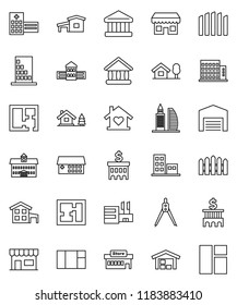 thin line vector icon set - university vector, school building, drawing compass, bank, hospital, cottage, chalet, barn, fence, plan, apartments, office, love home, store, mall, window