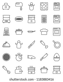 thin line vector icon set - pan vector, cook hat, apron, glove, timer, whisk, knife, grater, oven, double boiler, sieve, dish, mixer, toaster