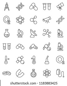 thin line vector icon set - thermometer vector, drawing compass, atom, telescope, microscope, magnet, flask, pills, molecule, oxygen, satellite, antenna, vial, dna, drop counter