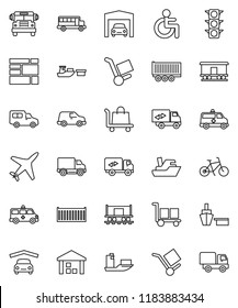 thin line vector icon set - school bus vector, bike, Railway carriage, plane, traffic light, ship, truck trailer, sea container, delivery, car, port, consolidated cargo, warehouse, disabled, garage