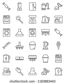 thin line vector icon set - vacuum cleaner vector, bucket, kettle, scales, oven, blender, air conditioner, fridge, washer, coffee maker, hood