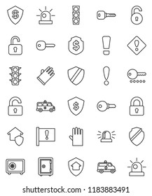 thin line vector icon set - rubber glove vector, dollar shield, safe, attention, traffic light, amkbulance car, unlock, key, sign, siren, lock, home protect, password
