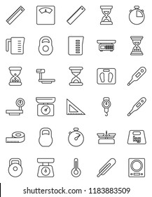 thin line vector icon set - measuring cup vector, scales, corner ruler, sand clock, stopwatch, weight, big, thermometer, store, kitchen