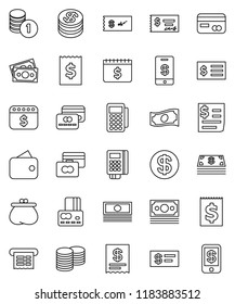 thin line vector icon set - credit card vector, cash, coin stack, check, receipt, dollar calendar, money, wallet, reader, tap pay