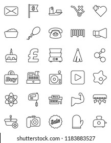 thin line vector icon set - splotch vector, foam basin, cook glove, towel, double boiler, cake, atom, dollar flag, pound, muscule hand, molecule, heart cross, ship, no trolley, barcode, camera, mail