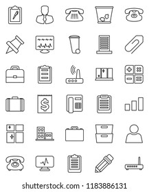 thin line vector icon set - trash bin vector, shining window, pencil, case, clipboard, paper pin, archive, manager, phone, receipt, sorting, classic, diagnostic monitor, router, attachment, user