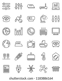 thin line vector icon set - iron vector, thermometer, table lamp, calculator, laptop graph, molecule, earth, satellite, phone, settings, equalizer, remote control, server, lan connector, windmill