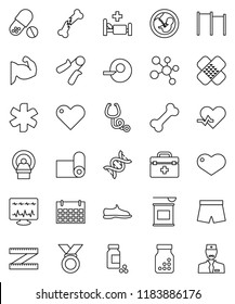 thin line vector icon set - measuring vector, pills vial, hand trainer, horizontal bar, muscule, snickers, shorts, medal, sports nutrition, molecule, calendar, fitness mat, bone, heart, doctor bag