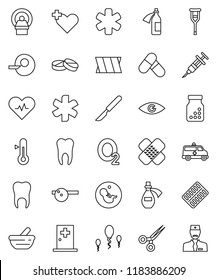 thin line vector icon set - thermometer vector, pills, oxygen, ambulance star, heart pulse, cross, eye, pregnancy, insemination, syringe, crutches, scissors, scalpel, patch, bottle, blister, mortar