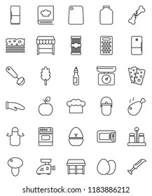 thin line vector icon set - camping cauldron vector, cook hat, apron, glove, timer, ladle, cutting board, grater, oven, cookbook, spices, jar, cereal, egg, pasta, mushroom, chicken leg, oil, breads