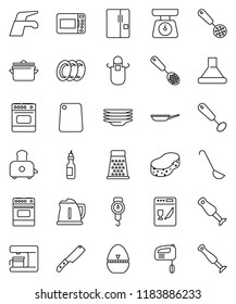 thin line vector icon set - water tap vector, sponge, plates, pan, kettle, scales, apron, cook timer, whisk, skimmer, ladle, knife, cutting board, grater, toaster, oven, blender, oil, fridge, mixer