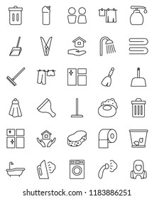 thin line vector icon set - soap vector, scraper, broom, mop, scoop, rake, clothespin, sponge, towel, trash bin, window cleaning, steaming, bath, drying clothes, washer, liquid, agent, shining