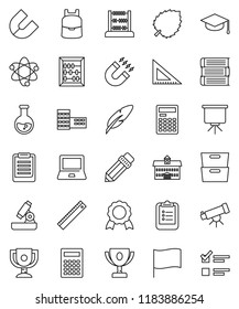 thin line vector icon set - book vector, graduate hat, pen, university, pencil, school building, corner ruler, backpack, atom, telescope, microscope, calculator, notebook pc, clipboard, award cup