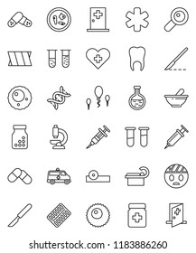thin line vector icon set - ambulance star vector, heart cross, flask, vial, dna, magnifier, syringe, scalpel, pills, bottle, blister, mortar, eye doctor hat, microscope, microbs, amkbulance car