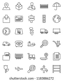thin line vector icon set - route vector, signpost, earth, map pin, plane, traffic light, phone, client, ship, truck trailer, sea container, delivery, car, clock, calendar, document, cargo, umbrella