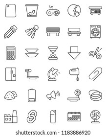 thin line vector icon set - trash bin vector, washer, cleaning agent, garbage pile, cutting board, mixer, plates, pencil, table lamp, pie graph, calculator, arrow down, shuttlecock, hoop, calendar