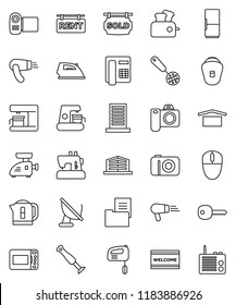thin line vector icon set - welcome mat vector, iron, skimmer, dry cargo, key, estate document, rent signboard, sold, office building, fridge, mixer, coffee maker, meat grinder, microwave oven