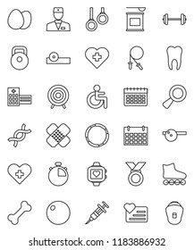 thin line vector icon set - egg vector, barbell, stopwatch, weight, jump rope, fitball, roller Skates, target, medal, sports nutrition, heart monitor, calendar, cross, bone, hoop, gymnast rings, dna