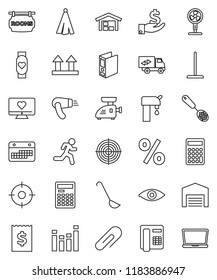thin line vector icon set - mop vector, towel, skimmer, ladle, calculator, investment, receipt, binder, target, heart monitor, run, calendar, top sign, equalizer, eye, attachment, water supply, barn