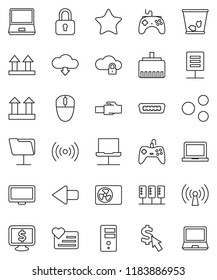 thin line vector icon set - trash bin vector, notebook pc, monitor dollar, cursor, heart, top sign, gamepad, favorites, hdmi, server, network, folder, cloud lock, lan connector, share, arrow, mouse