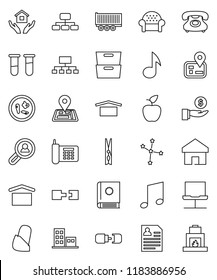 thin line vector icon set - clothespin vector, house hold, apple fruit, music, archive, constellation, investment, personal information, hierarchy, navigator, phone, truck trailer, dry cargo, vial