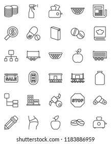 thin line vector icon set - washing powder vector, sprayer, colander, cookbook, jar, pencil, apple fruit, coin stack, money search, buttocks, pills, stadium, Railway carriage, satellite, newspaper
