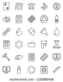 thin line vector icon set - scraper vector, water drop, car fetlock, window cleaning, washer, foam basin, exchange, monitor dollar, bottle, route, internet, ambulance star, pills blister, chain