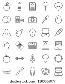 thin line vector icon set - double boiler vector, cereal, egg, mushroom, chicken leg, apple fruit, diet, barbell, buttocks, water bottle, breads, first aid kit, hoop, thermometer, dropper, patch