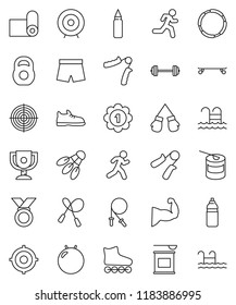 thin line vector icon set - award cup vector, target, barbell, weight, jump rope, hand trainer, punching bag, fitball, muscule, snickers, boxing glove, shorts, roller Skates, skateboard, medal, pool