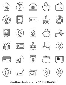 thin line vector icon set - bank vector, dollar coin, credit card, wallet, percent growth, money bag, piggy, investment, check, building, receipt, medal, shield, safe, yen sign, reader