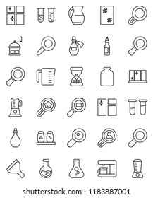 thin line vector icon set - scraper vector, window cleaning, shining, oil, measuring cup, hand mill, spices, jug, jar, magnifier, flask, cargo search, vial, sand clock, potion, estate, client