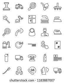 thin line vector icon set - vacuum cleaner vector, fetlock, car, window cleaning, iron, steaming, agent, shining, woman, dollar cursor, phone 24, delivery, cargo search, hospital building, doctor