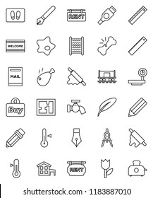 thin line vector icon set - water tap vector, splotch, welcome mat, washboard, rolling pin, thermometer, chicken leg, pen, pencil, ruler, drawing compass, Railway carriage, tulip, big scales, hdmi