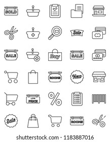 thin line vector icon set - cart vector, credit card, office, cargo search, estate document, sale signboard, rooms, sold, low price, new, shopping bag, percent, store, buy, barcode, basket, list