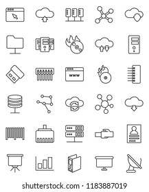 thin line vector icon set - presentation vector, personal information, graph, binder, board, music hit, social media, network, server, folder, cloud shield, exchange, browser, hub, lan connector