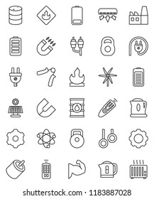 thin line vector icon set - atom vector, magnet, weight, hand trainer, muscule, gymnast rings, flammable, oil barrel, remote control, battery, rca, gear, solar panel, windmill, air conditioner