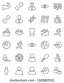 thin line vector icon set - student vector, manager, man, muscule hand, stairways run, bone, client, group, disabled, eye, dna, pregnancy, insemination, chromosomes, sperm, ovule, tooth, user, login