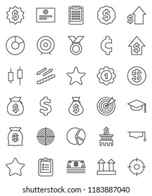 thin line vector icon set - graduate hat vector, clipboard, certificate, pie graph, japanese candle, money bag, dollar growth, bank building, target, medal, cent sign, stairways run, top, favorites