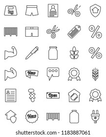 thin line vector icon set - jar vector, pen, medal, personal information, muscule hand, shorts, cereals, no hook, weight, barcode, message, smart home, protect, new, open, percent, coupon