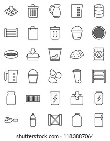 thin line vector icon set - bucket vector, trash bin, garbage pile, measuring cup, jug, sieve, jar, enegry drink, water bottle, sea container, port, wood box, package, oil barrel, shelving, fridge