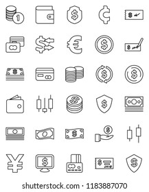 thin line vector icon set - exchange vector, dollar coin, japanese candle, credit card, wallet, cash, investment, stack, check, shield, monitor, euro sign, yen, cent, money