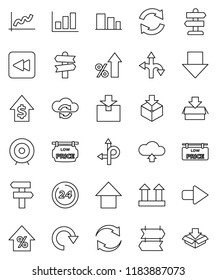 thin line vector icon set - graph vector, percent growth, dollar, target, arrow down, up, route, signpost, top sign, package, sorting, backward button, cloud exchange, refresh, redo, upload, 24 hour