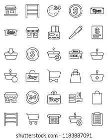 thin line vector icon set - pen vector, dollar coin, cart, credit card, office, shelving, sale, open, 24 hour, shopping bag, store, mall, buy, receipt, basket, list