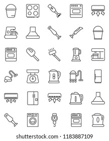 thin line vector icon set - vacuum cleaner vector, bucket, kettle, scales, oven, blender, air conditioner, fridge, washer, coffee maker, hood