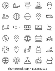 thin line vector icon set - camping cauldron vector, backpack, compass, school bus, world, bike, navigator, earth, map pin, Railway carriage, plane, ship, route, globe, mountain, signpost