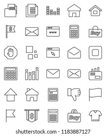 thin line vector icon set - calculator vector, flag, arrow up, dollar, document, equalizer, finger down, mail, stop button, browser, home, loading, house, buy, clothes